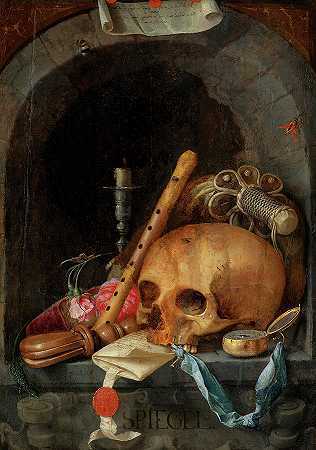 带头骨的静物画，瓦尼塔斯`Still LIfe with a Skull, Vanitas by Jan Davidsz de Heem