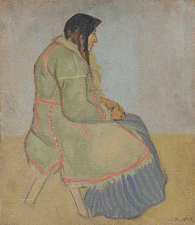 一位乡村老妇人的画像`Portrait of an old village woman (1908) by Jan Rembowski