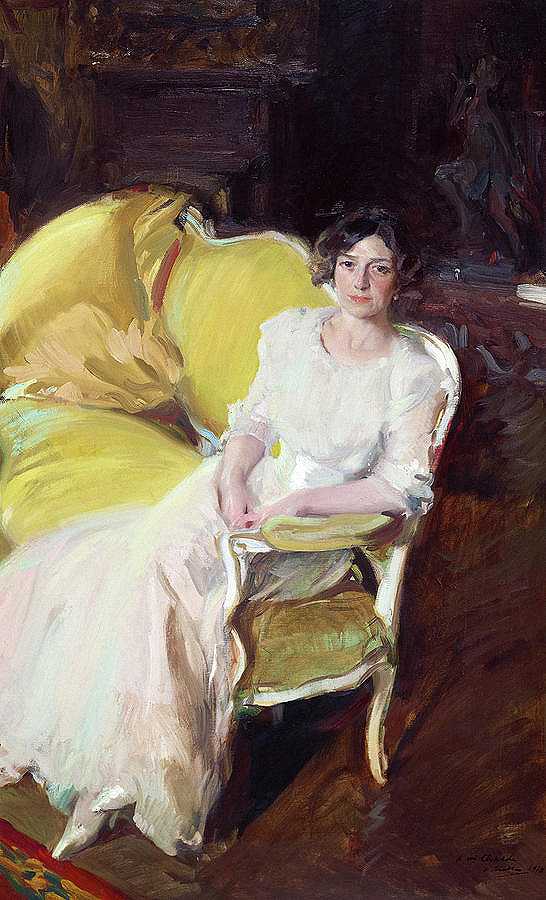 克洛蒂尔德坐在沙发上`Clotilde sitting on a Sofa by Joaquin Sorolla