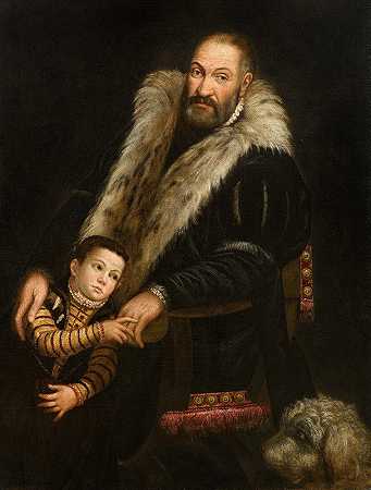 一位绅士和一个带着狗的孩子的画像`Portrait Of A Gentleman And A Child With A Dog by Giovanni Antonio Fasolo