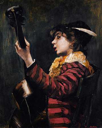 弹吉他的小男孩`Young Boy Playing The Guitare by Norbert Goeneutte