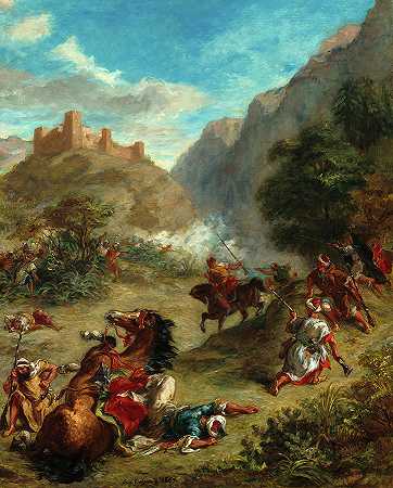阿拉伯人在山区的小冲突，约1863年`Arabs Skirmishing in the Mountains, c. 1863 by Eugene Delacroix