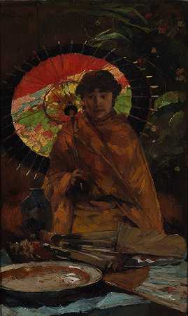 戴日本阳伞的女孩`Girl with Japanese parasol by Willem de Zwart