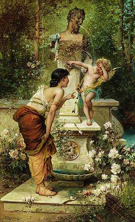 丘比特在喷泉旁玩耍`Cupid plays at the water Fountain by Hans Zatzka