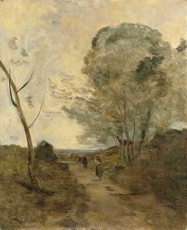 约阿勒克斯，农民把牛带到牧场，早上的效果`Environs Darleux, Paysanne Conduisant Une Vache Au Pâturage, Effet De Matin (1865~1870) by Jean-Baptiste-Camille Corot