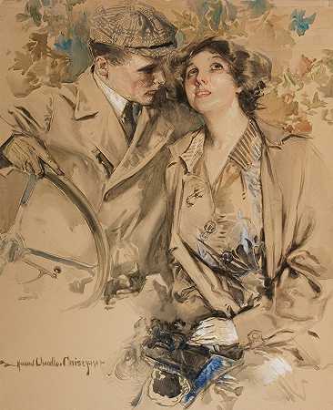 一对摩托情侣`A Modern~Day Motoring Couple (1912) by Howard Chandler Christy