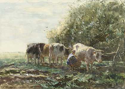 挤奶栏`The Milking Pen (1854 ~ 1910) by Willem Maris