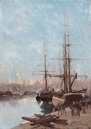 港口景象`Harbor Scene by Eugène Galien-Laloue