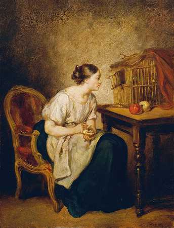 带鸟笼的年轻女子`Junge Frau mit Vogelkäfig (1850) by Octave Tassaert
