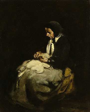 女裁缝`Woman sewing (1850 ~ 1891) by Théodule Ribot