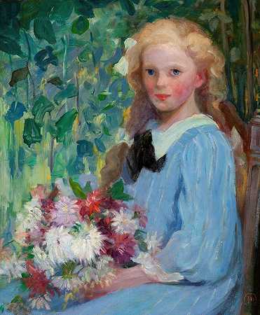 带花的女孩`Girl with Flowers (circa 1905) by Pauline Palmer