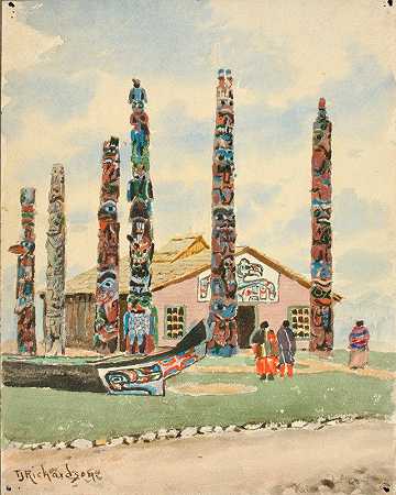 圣路易斯博览会上带有图腾的阿拉斯加建筑`Alaska Building With Totems At St. Louis Exposition (1904) by Theodore J. Richardson