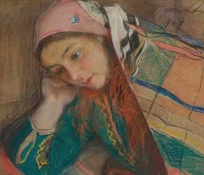 穿着克拉科夫服装的女孩肖像`Portrait of a girl in Krakow costume (1909) by Teodor Axentowicz