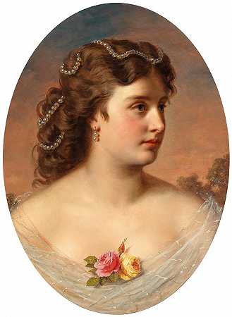 领口有玫瑰的女士肖像`Bildnis einer Dame mit Rosen am Dekolleté (1867) by Anton Ebert