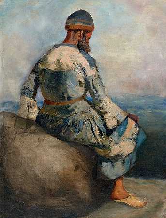 坐在岩石上的波斯农民`Persian Peasant Seated atop a Rock (circa 1891~1892) by Edwin Lord Weeks