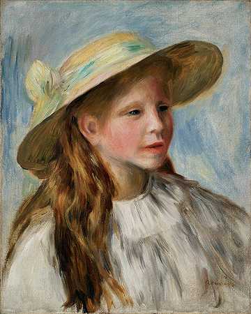 戴帽子的小女孩`Little Girl With A Hat (Jeune Fille Au Chapeau) (1894) by Pierre-Auguste Renoir