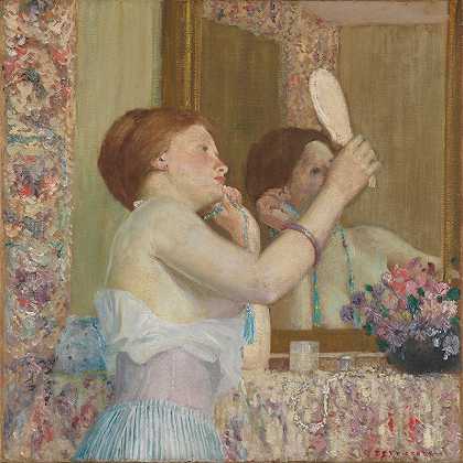 带镜子的女人`Woman with a Mirror (Femme qui se mire)  (1911) by Frederick Carl Frieseke