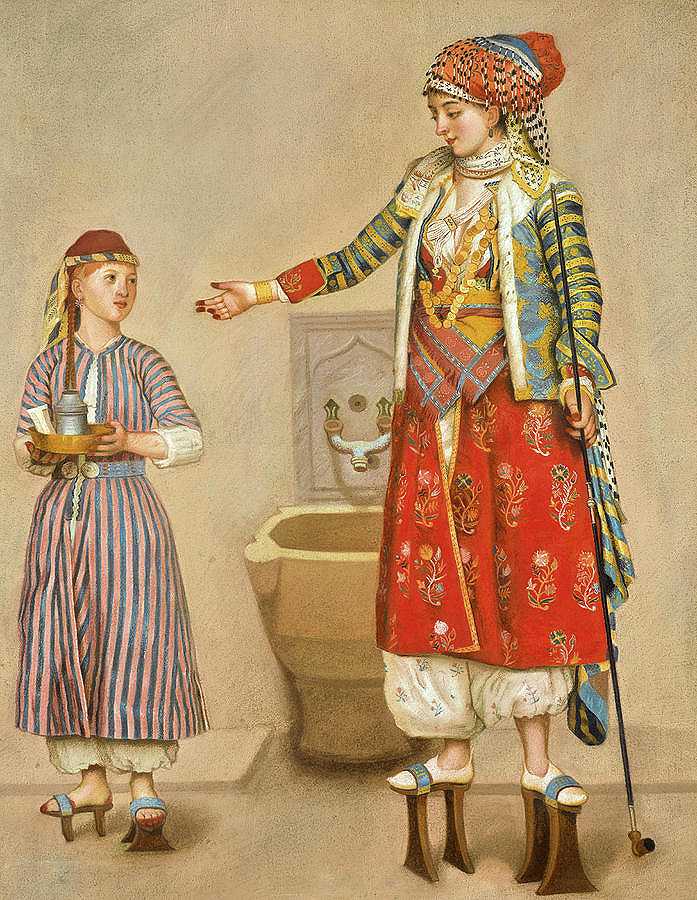 一名身穿土耳其服装、身穿哈曼衫的妇女在指导仆人`A Woman in Turkish Costume in a Hamam Instructing a Servant by Jean-Etienne Liotard