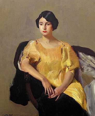 穿着黄色长袍的埃琳娜`Elena in a Yellow Robe by Joaquin Sorolla