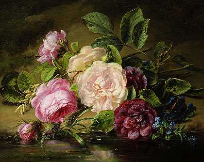 河岸上玫瑰的静物画`A Still life of Roses on a River Bank by Adriana Johanna Haanen