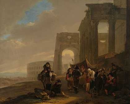 罗马废墟的街景`Street Scene with Roman Ruins (c. 1642 ~ c. 1644) by Jan Both