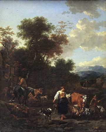 一条河边有牧羊人的意大利风景`Italian Landscape with Shepherds at a River (ca. 1650 – 1655) by Nicolaes Pietersz. Berchem