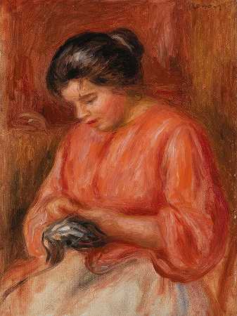 女宝宝（女宝宝）`Girl Darning (Femme reprisant) (c. 1909) by Pierre-Auguste Renoir