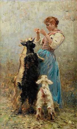 喂山羊的年轻女子`Young woman feeding goats (1893) by Vincenzo Caprile