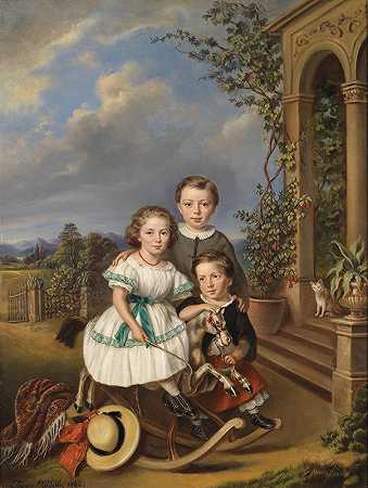 花园凉亭前三个孩子的肖像`Porträts dreier Kinder vor einem Gartenpavillon by Elisabeth Modell