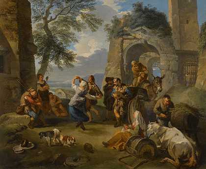 一幅农民载歌载舞的风景画`A Landscape With Peasants Dancing And Merrymaking by Andrea Locatelli
