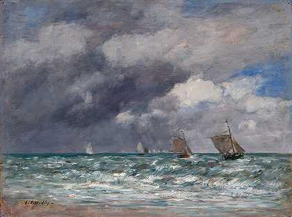特鲁维尔附近的帆船`Sailboats near Trouville (ca. 1885–90) by Eugène Boudin