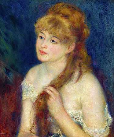 编辫子的年轻女子，1876年`Young Woman Braiding Her Hair, 1876 by Pierre-Auguste Renoir