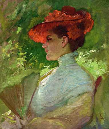 戴红帽子的女士，麦琪·威尔逊的肖像，1904年`Lady with a Red Hat, Portrait of Maggie Wilson, 1904 by Frank Duveneck