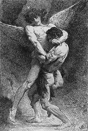 雅各布与天使摔跤，1876年`Jacob Wrestling with the Angel, 1876 by Leon Bonnat