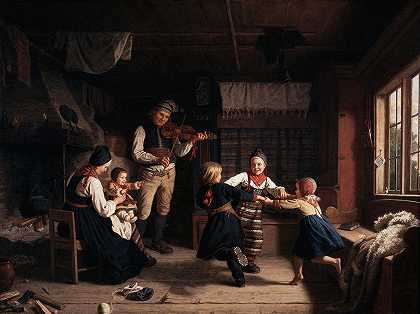 周日晚上在达拉纳的一座农舍里`Sunday Evening in a Farmhouse in Dalarna (1860) by Amalia Lindegren