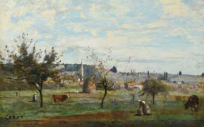 曼特斯附近的一个村庄`Un Village Des Environs De Mantes (circa  1860~65) by Jean-Baptiste-Camille Corot