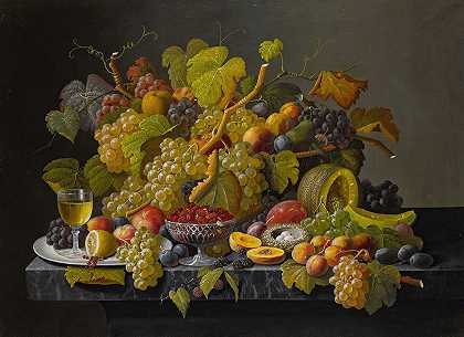 葡萄和葡萄酒的静物画`Still life with grapes and wine by Severin Roesen