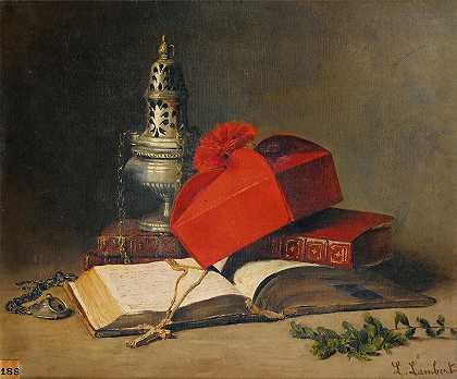 带香炉和红衣主教的静物s帽子`Still Life With A Censer And A Cardinals Hat by Louis-Eugène Lambert