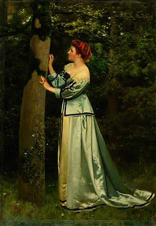 年轻女子在树上写字`Jeune femme écrivant sur un arbre (ca 1867) by Martin Rico y Ortega