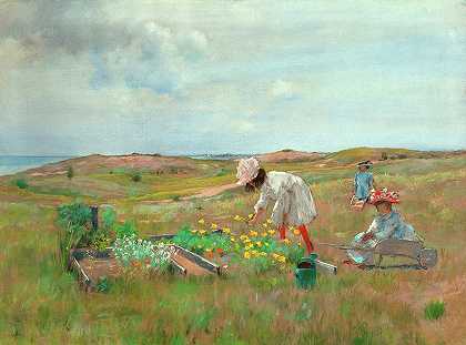 采花，新尼科克，长岛，约1897年`Gathering Flowers, Shinnecock, Long Island, c. 1897 by William Merritt Chase