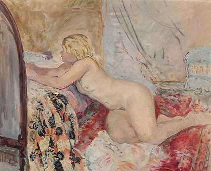 裸体躺在床上`Nu allongé contre un lit by Henri Lebasque