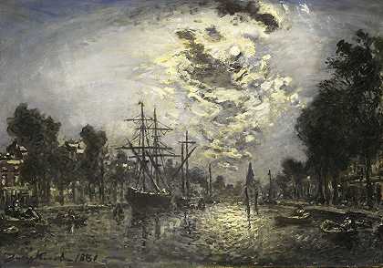 月光下的鹿特丹`Rotterdam in the Moonlight (1881) by Johan Barthold Jongkind