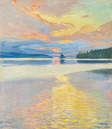 鲁瓦西湖上的日落`Sunset Over Lake Ruovesi by Akseli Gallen-Kallela