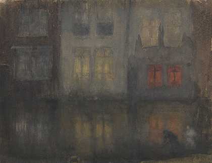 夜曲-荷兰黑红背运河`Nocturne Black and Red—Back Canal, Holland by James Abbott McNeill Whistler