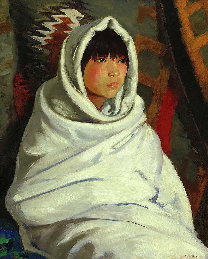 穿着白毯子的印度女孩，1917年`Indian Girl in White Blanket, 1917 by Robert Henri