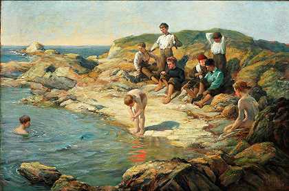 男孩们在岩石海岸游泳`Boys swimming at a rocky coast (1899) by William Pratt