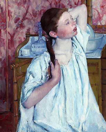 整理头发的女孩，1886年`Girl Arranging Her Hair, 1886 by Mary Stevenson Cassatt