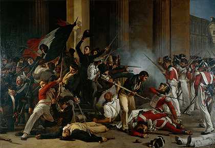 1830年7月29日攻占卢浮宫屠杀瑞士警卫。`Prise du Louvre, le 29 juillet 1830; massacre des gardes suisses. (1832) by Jean-Louis Bezard