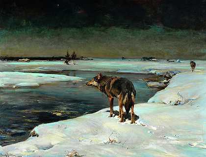 夜晚的狼`Wolf at Night by Alfred von Wierusz-Kowalski