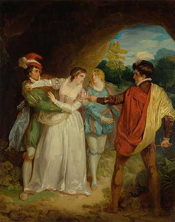 瓦伦丁从普罗特斯、莎士比亚手中拯救西尔维亚s维罗纳的两位先生第五幕，第四幕，亡命之徒山洞`Valentine rescuing Silvia from Proteus, from Shakespeares ;The Two Gentlemen of Verona, Act V, Scene 4, the Outlaws Cave (1792) by Francis Wheatley